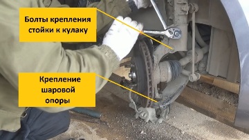 Откручиваем болты на подставке под кулак, а так же болт под шаровую опору Шаровые опоры КИА Рио