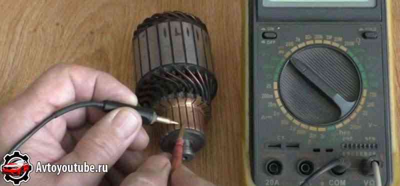 Проверка обмоток якоря стартера мультиметром на обрыв